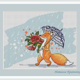 ​Лиса под зонтиком с букетом