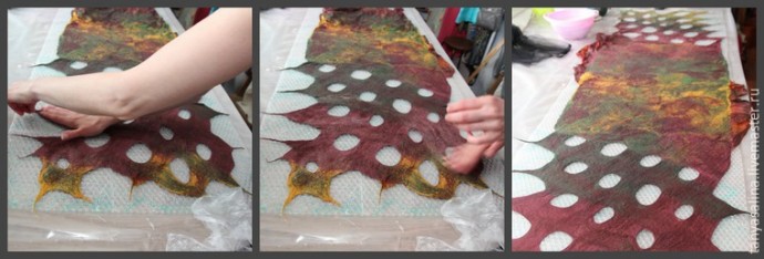 Валяем палантин с розами из шелка