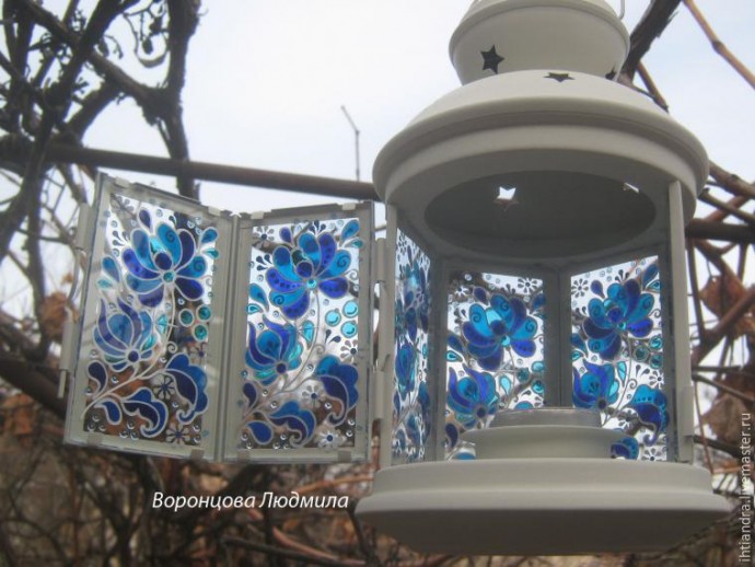 Витражный фонарик в стиле "Гжель": часть 2