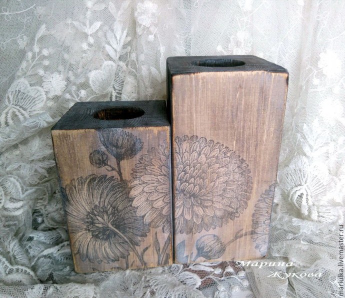 Подсвечники с обжигом, брашировкой и тонировкой водными пропитками: часть 3