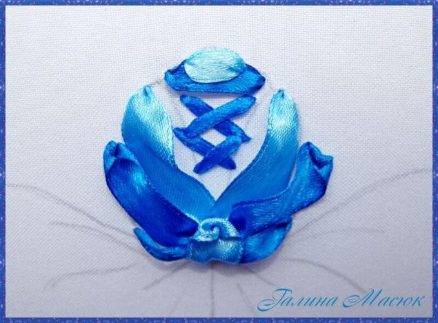 Вышивка лентами: элемент гжельской росписи "Роза"