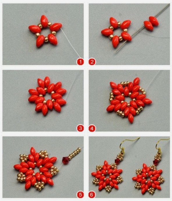 Новогодний цветок: пуансеттия из бусин супердуо и бисера