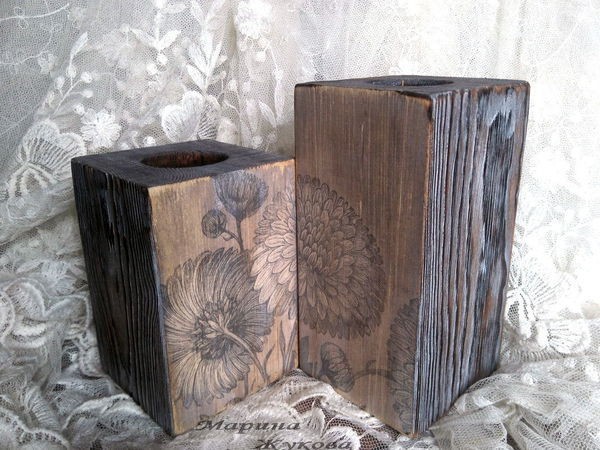 Подсвечники с обжигом, брашировкой и тонировкой водными пропитками: часть 3