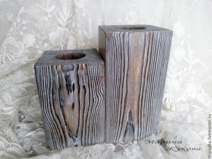 Подсвечники с обжигом, брашировкой и тонировкой водными пропитками: часть 3