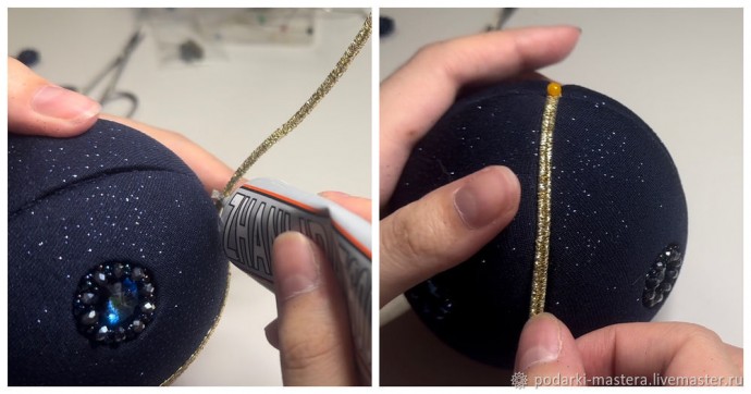 ​Новогодний шар с оплетёнными бисером кристаллами риволи: часть 3