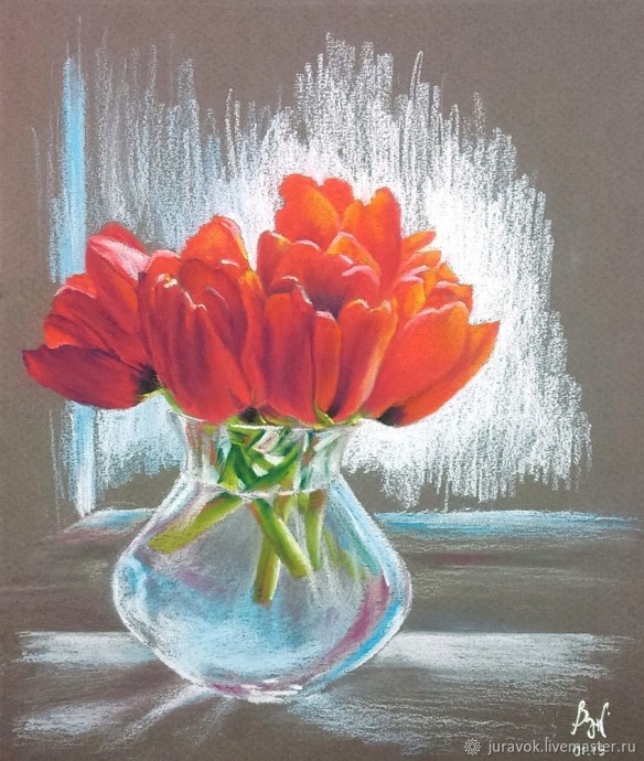 ​Весенний натюрморт с красными тюльпанами на окне: рисуем пастелью