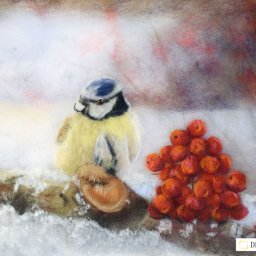 Создаем из шерсти картину "Синица"