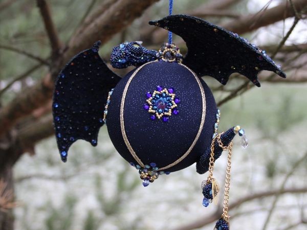 ​Новогодний шар с оплетёнными бисером кристаллами риволи: часть 5