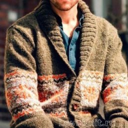 ​Мужской жакет-кардиган со вставками с норвежским жаккардом спицами