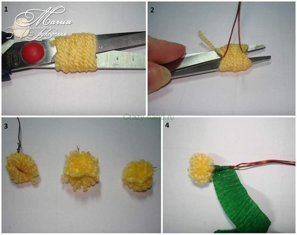 Учимся делать букет мимоз из маленьких помпончиков.