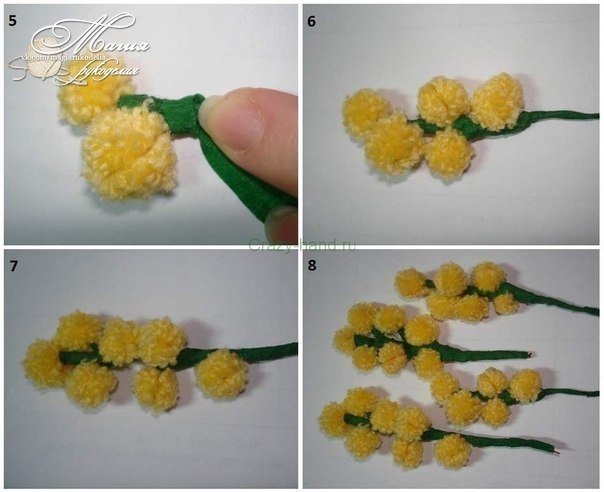 Учимся делать букет мимоз из маленьких помпончиков.