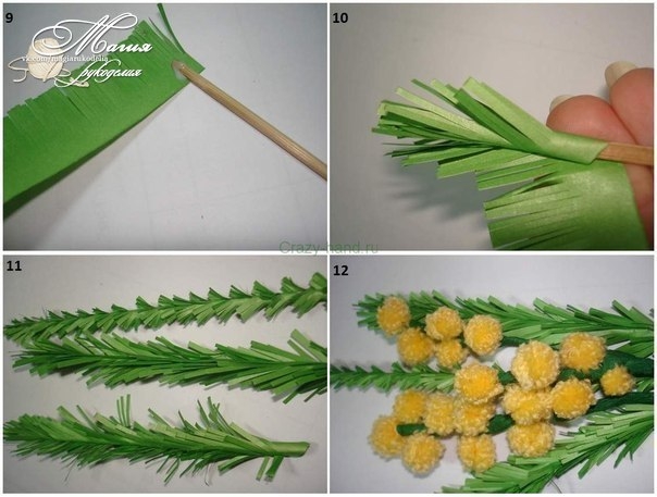 Учимся делать букет мимоз из маленьких помпончиков.