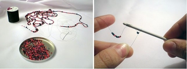 Воздушное колье, связанное крючком из бисера и камней.