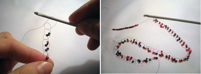 Воздушное колье, связанное крючком из бисера и камней.