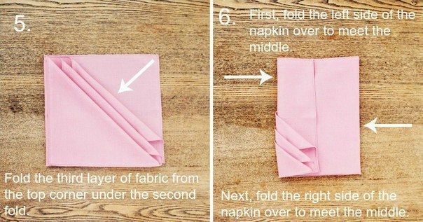 Салфетки, сложенные в виде трех кармашков, очень простой и красивый способ сервировки праздничного с