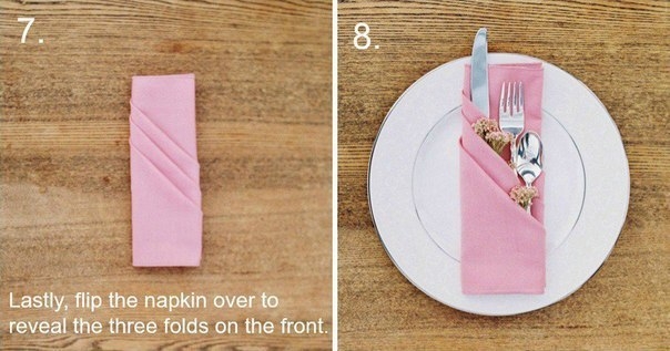 Салфетки, сложенные в виде трех кармашков, очень простой и красивый способ сервировки праздничного с