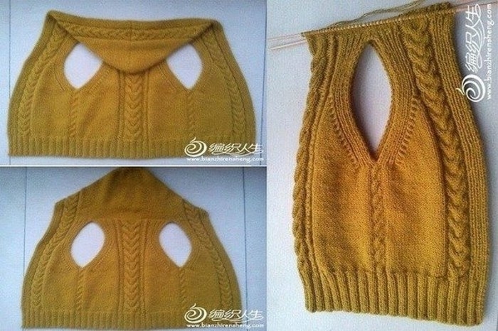 Жилет с капюшоном единым полотном. Спицы.