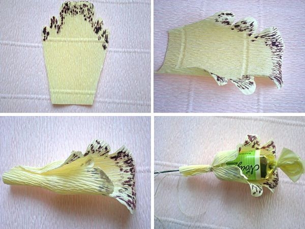 Орхидеи из конфет и гофрированной бумаги.