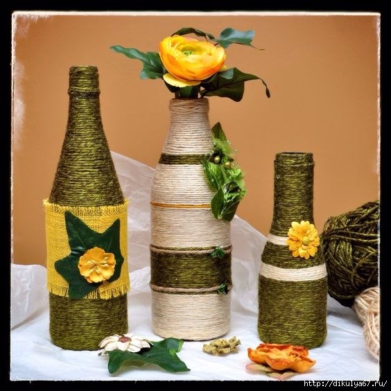 Декор бутылок. Шпагат, мешковина, кружева... Идеи.