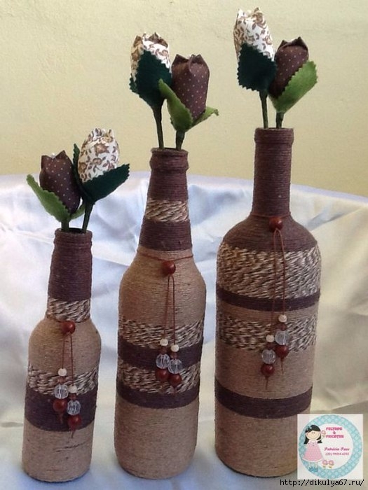 Декор бутылок. Шпагат, мешковина, кружева... Идеи.