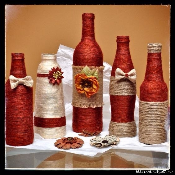 Декор бутылок. Шпагат, мешковина, кружева... Идеи.