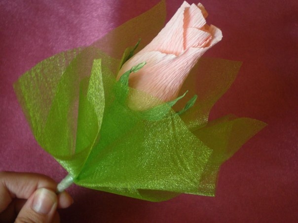 Розы из конфет и гофрированной бумаги.