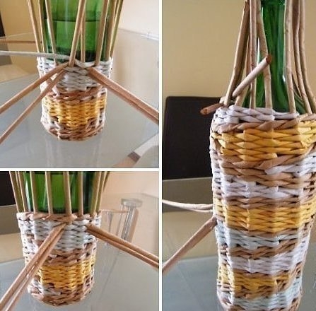 Оплетаем бутылку газетными трубочками