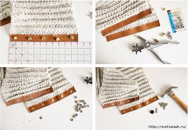 Шарф снуд с отделкой кожей и кнопками