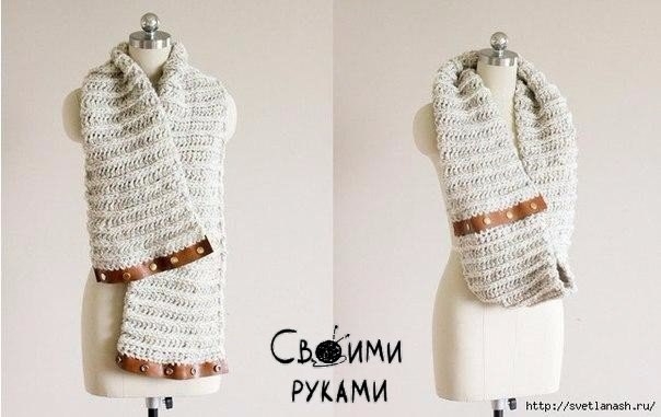 Шарф снуд с отделкой кожей и кнопками