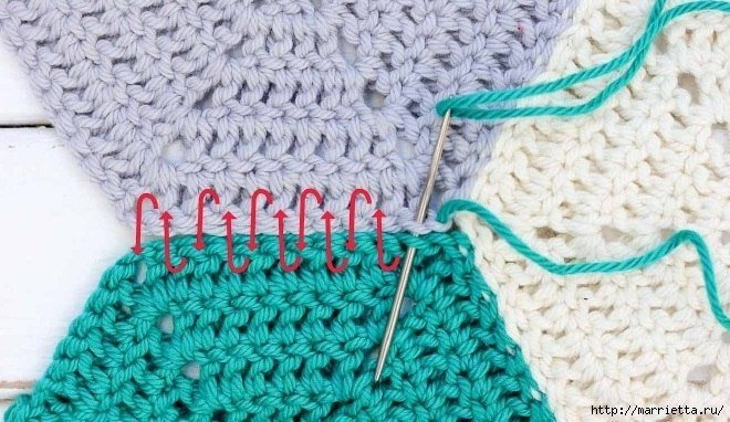 Разноцветный плед крючком шестиугольными мотивами