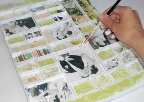 Идея для семейных фотографий - панно из спичечных коробков