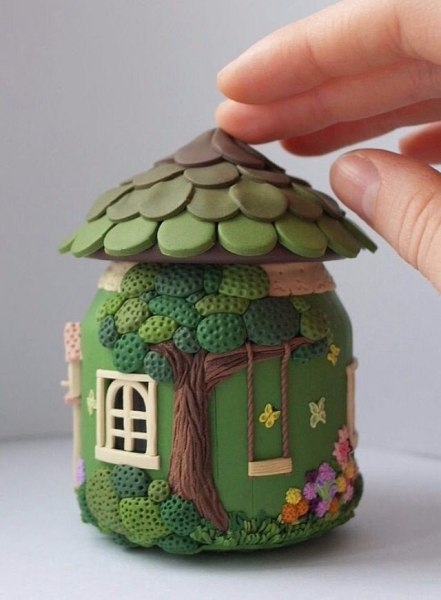 Сказочные домики из банок и полимерной глины